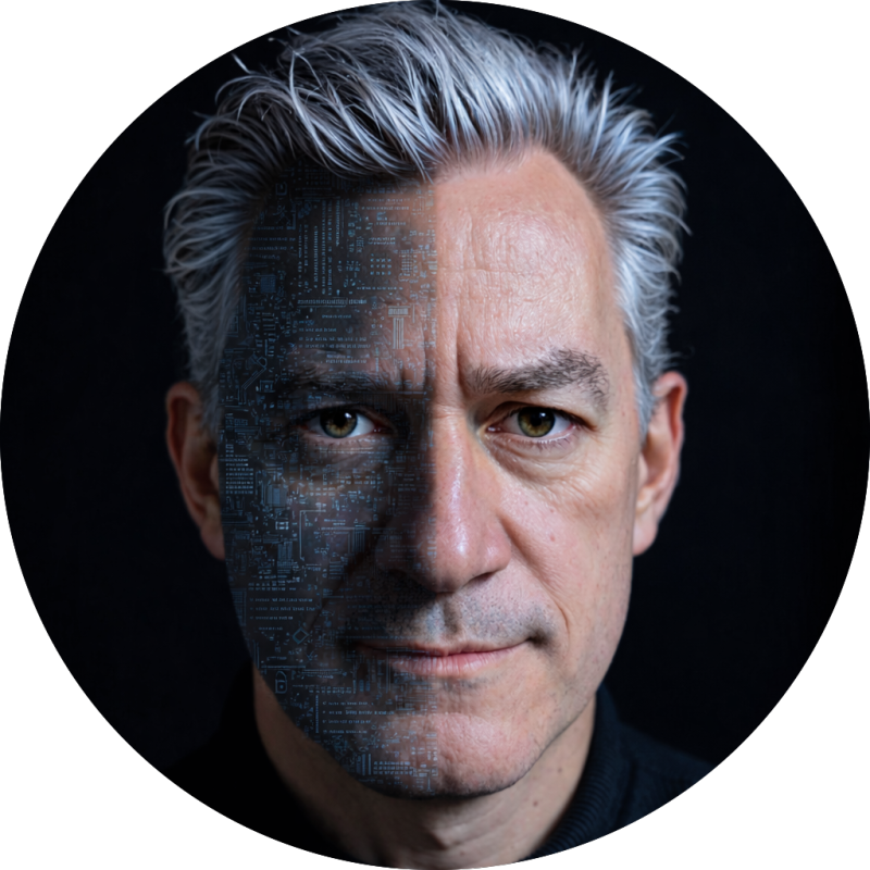 Portrait couleur de Régis Butty, cadrage cercle (visuel LinkedIn) — sourire posé, cheveux gris